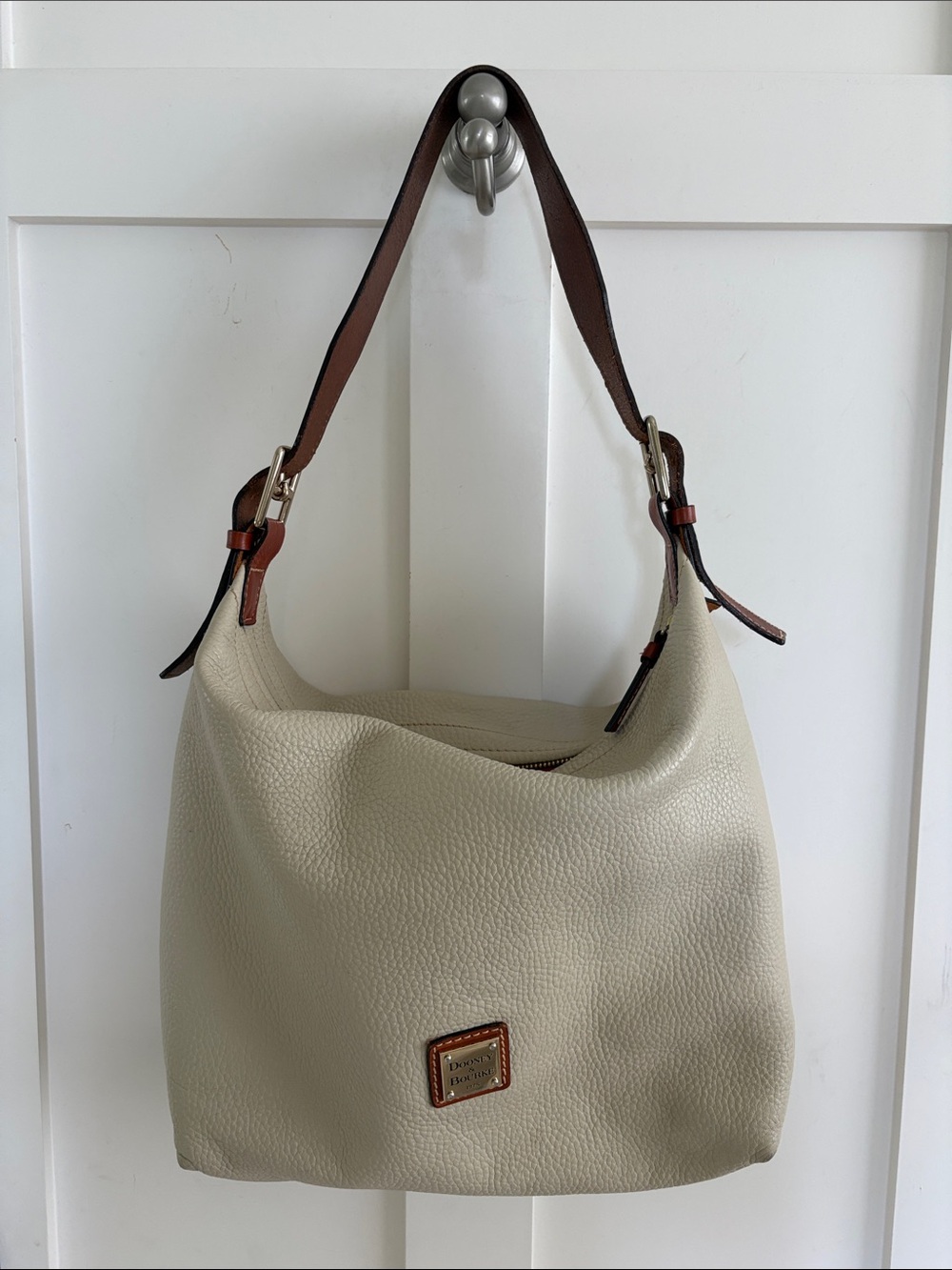 Dooney & Bourke Cream and Brown Pebble Leather Hobo Shoulder Bag